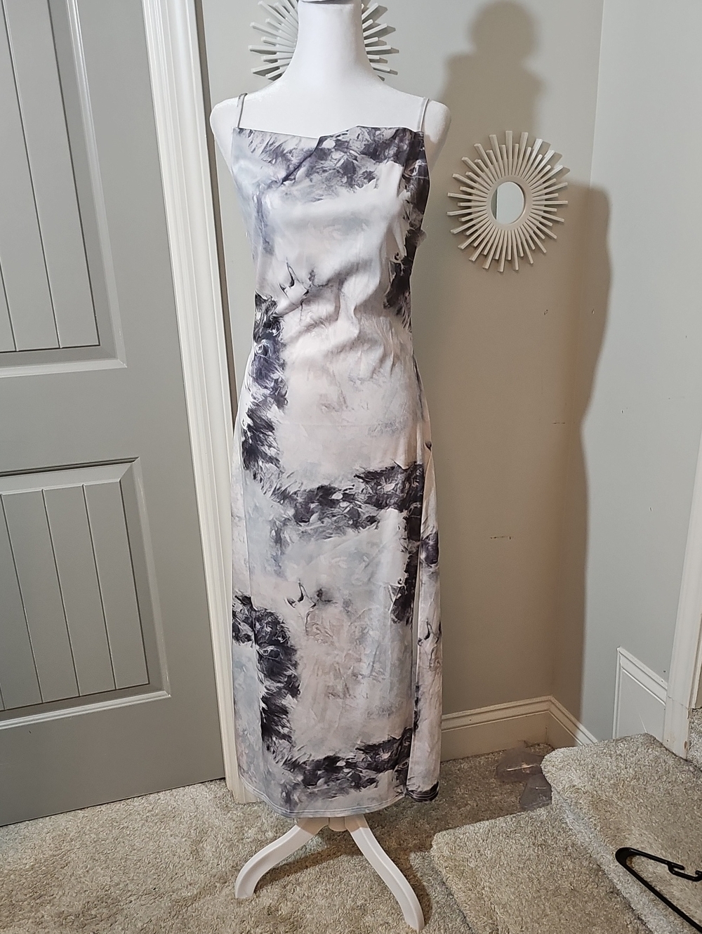 Marble-Print Satin Slip Maxi Dress in White, Blue, and Gray